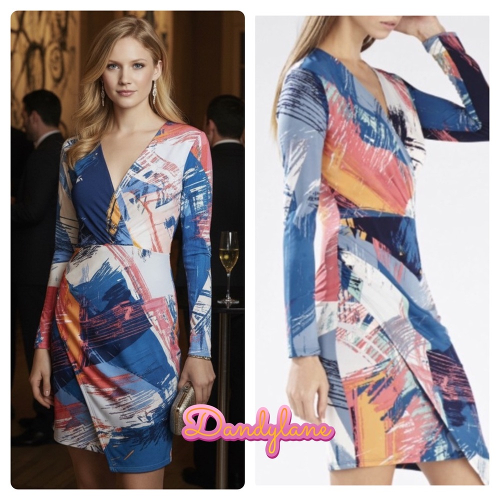 BCBGMaxAzria  Blayr asymmetrical Vibrant Long Sleeve Faux Wrap Dress Size XS
